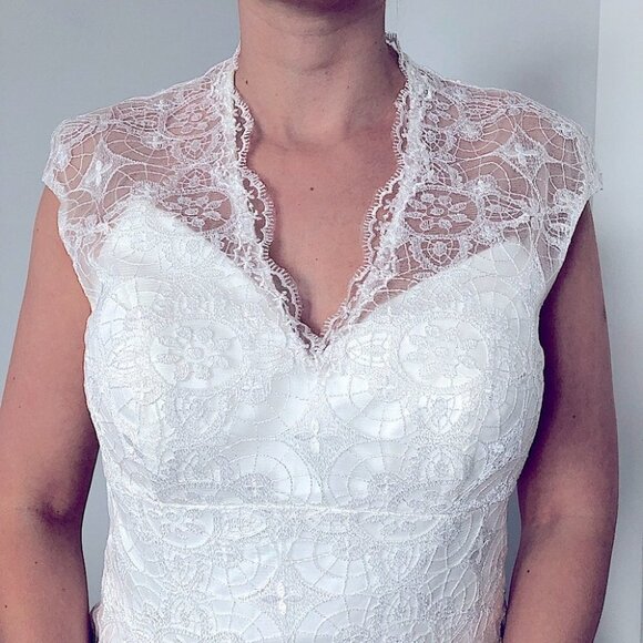 Ivory Lace Overlay Tea Length A-Line Wedding Dress - Picture 3 of 16